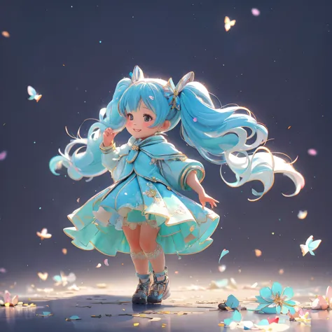 dynamic angle、 in the magical forest, mysterious fairy girl appears,  long light blue hair、 twin tails、adorable smile、the moonli...