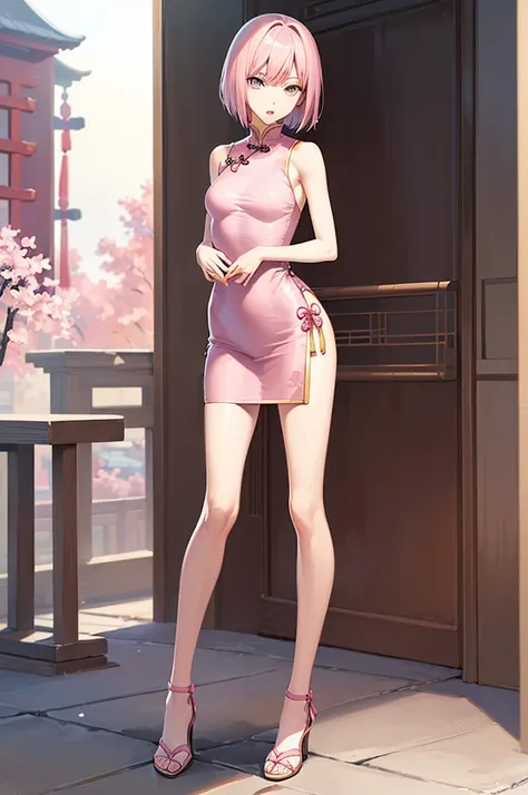 masterpiece, best quality,anime style, 1 girl,(((slender body))), (((small breast))),(((chinese dress))), (beautiful face), (((short hair))), (((straight hair))), ((((pink hair)))),detailed beautiful skin, (perfect hands, perfect anatomy),scream