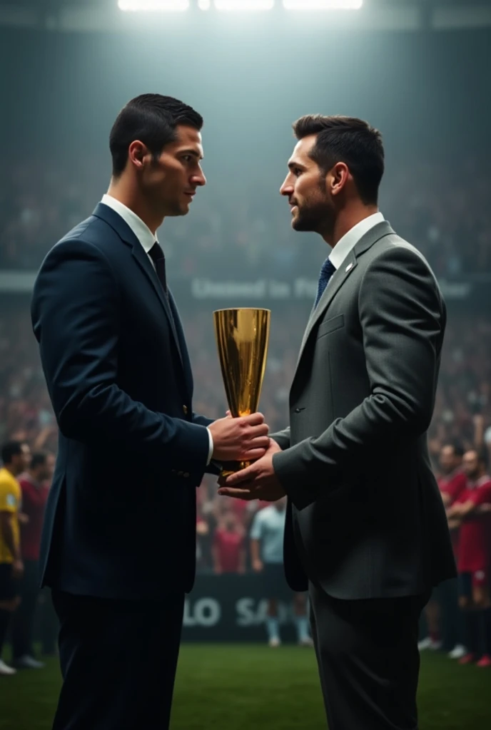 To create an image involving Ronaldo and Messi, I can illustrate two soccer players resembling their respective styles, body language, and general appearance without directly representing them.

Would you like them in a particular setting or pose, such as ...