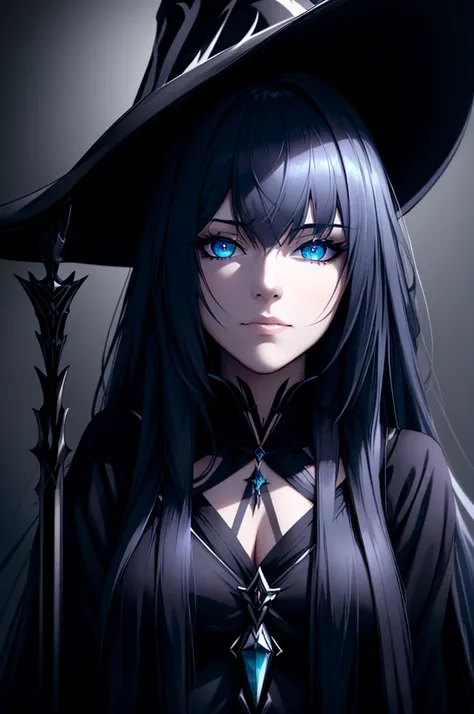 Kawakaze from Azur Lane, witch outfit, big witch hat, staff in hand, beautiful detailed eyes, beautiful detailed lips, extremely detailed face and eyes, long eyelashes, intricate details, dark fantasy, magical realism, dramatic lighting, cinematic composit...