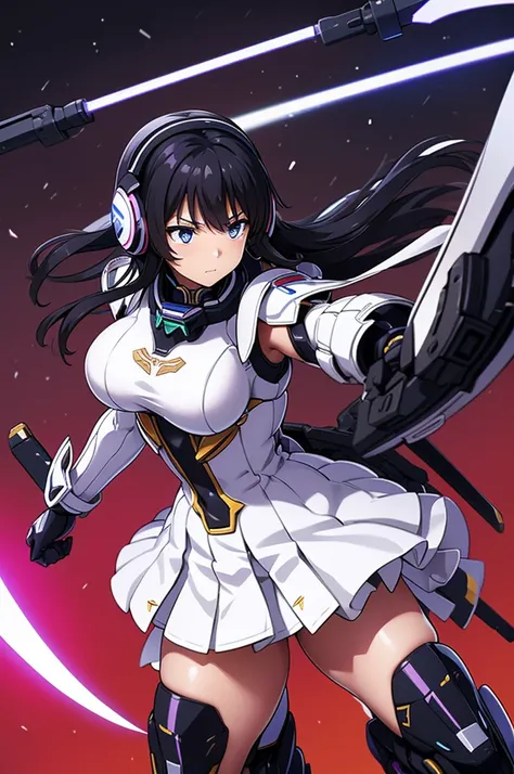 mecha wing、Thighs、tights、chest、Shiny black hair、 1 girl、 solo girl 、income、 headphones、idol dress、 holding a sword 、 has a shield、mecha girl、White Skirt
