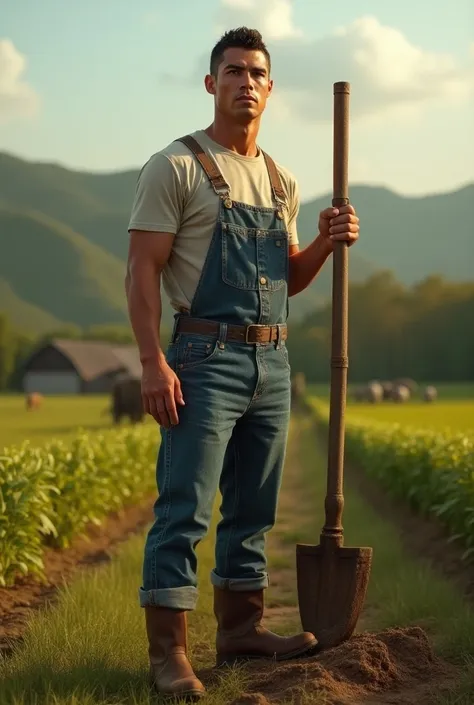 Generate a hyper realistic image of Cristiano Ronaldo as farmer