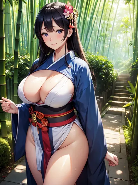 ( high quality,  high resolution,  Sex, Realistic), Bamboo Forest Path, kimono, Woman looking up, Alone,  Kirby Woman , Sparkling Eyes, (Detailed eyes), smile, , Large Breasts, sweat,  oily skin ,   Calm Atmosphere  ,  wonderful, Soft Tone, Soft light、


、...