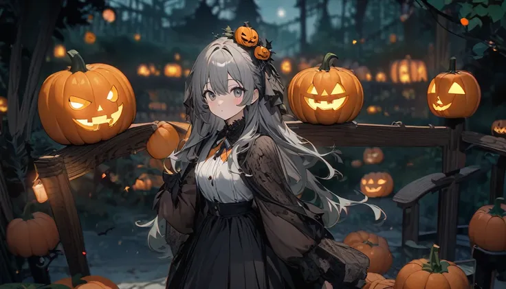  One person。 personification of pumpkin lanterns 。Im wearing a pumpkin on my head 。 spooky light illuminating the night of Halloween 。 close-up。  
masterpiece, best quality, ultra detailed, ( Halloween style ), ( spooky and cute ), ( imaginaryな輝きを強調する),  
...