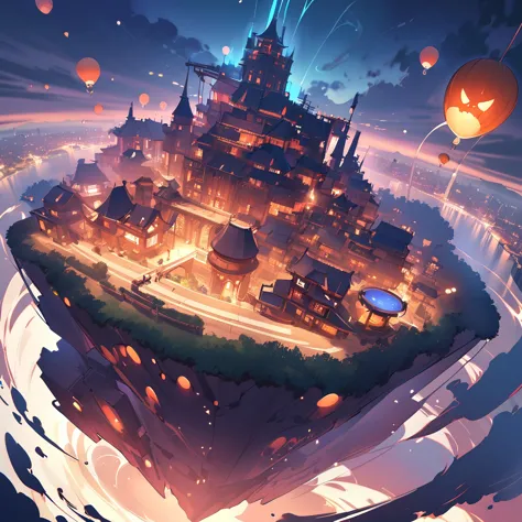 spooky, A futuristic island floating in the air, city,  Fantasy, (Bad guy&#39;Retreat), (cute), cute, cute,  anime style, technology, dark,  funny,  Magical Plant Growth  , extreme details, Realistic lighting , Blue Sky,  EPIC COMPOSITION  , (  complicated details), ( Complex design ,  ultra detail  : 1.2),  Art Station 