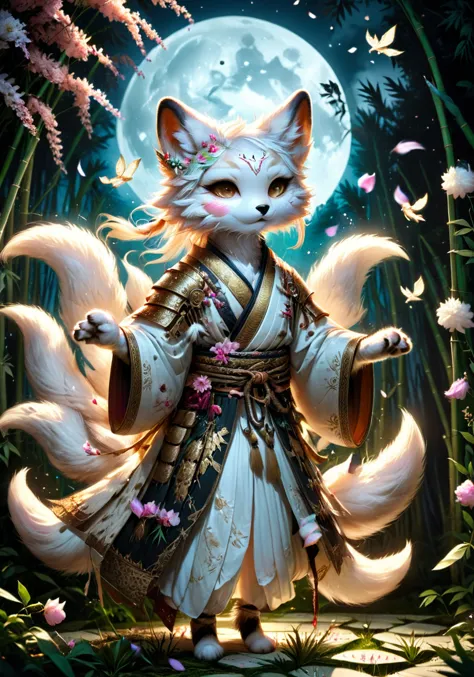 dark fantasy art of macabre, hyper realistic masterpiece photo of kitsune warrior dancing under the moonlight in bamboo, ( flowe...