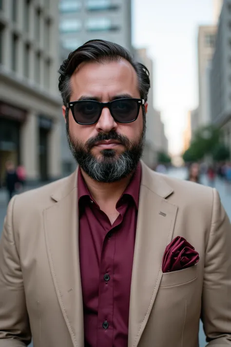  A 39-year-old man with light brown skin and a perfectly groomed beard .  He wears an impeccable beige suit and a deep cherry shirt that stands out elegantly against the suit. He is wearing dark sunglasses ,  that give him a distinguished and mysterious to...