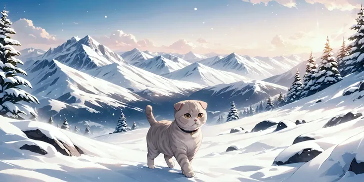Scottish Fold cat, snowy mountains..