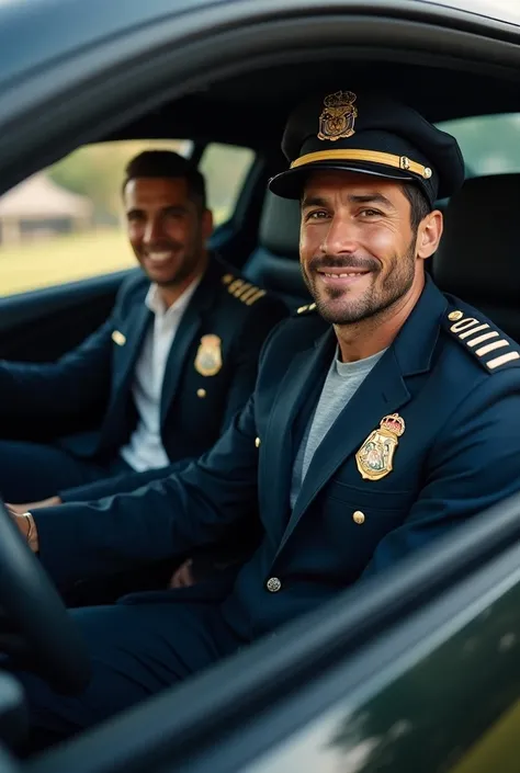 Cristiano Ronaldo sitting in the car with messi in the police costume 