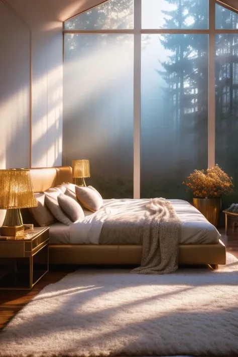 a dreamy luxurious autumn vibes bedroom, white interior, golden hour, misty, foggy, hazy, wide shot, 80s aesthetic, detailed lig...