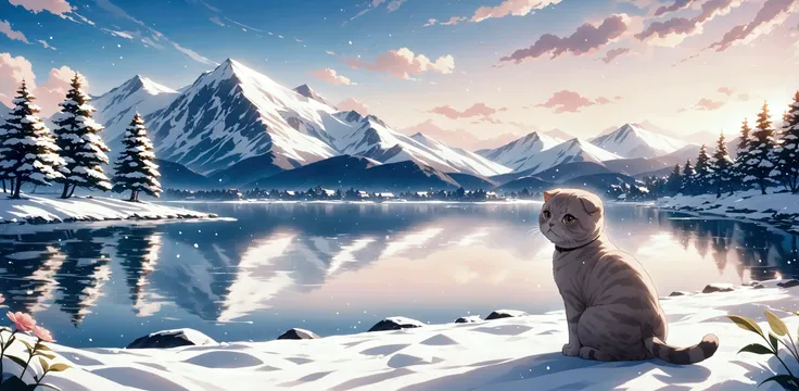 Scottish Fold cat, Lakeside, snowy mountains..
