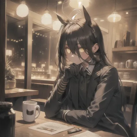 a man sitting alone in a manhattan cafe, expressionless, ahoge, black jacket, shirt, tie, black gloves, skirt, pantyhose, single...