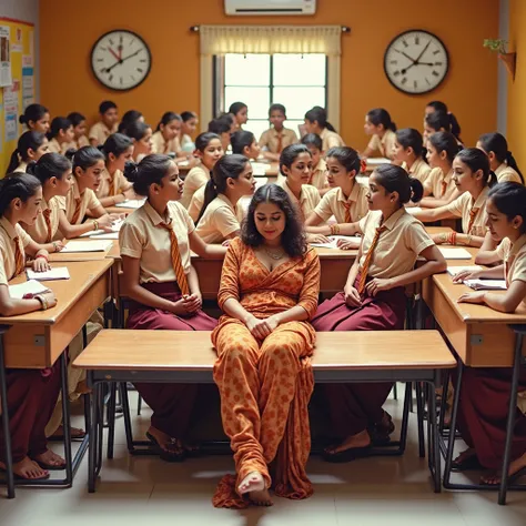 in luxerius bright lighted modern school classroom.indin school girls practicing wild sex. indian voluptuous granny teacher laying atop of the desk showing her pussy  and breasts to her girl students.Indian granny teacher is written in the board "See my pu...