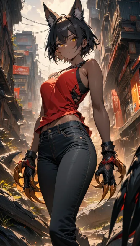 adult guy, short black hair, ebony skin, yellow eyes, red tank top, black jeans, claws, fox ears, masterpiece, best quality, ful...