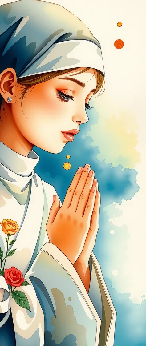 Praying Nun,Watercolor,Bleeding,Blur,Shading, dynamic,(gentle prayer:2.0),(Gentle expression:2.0),Soft touch,(The background is a warm prayer light:2.0)