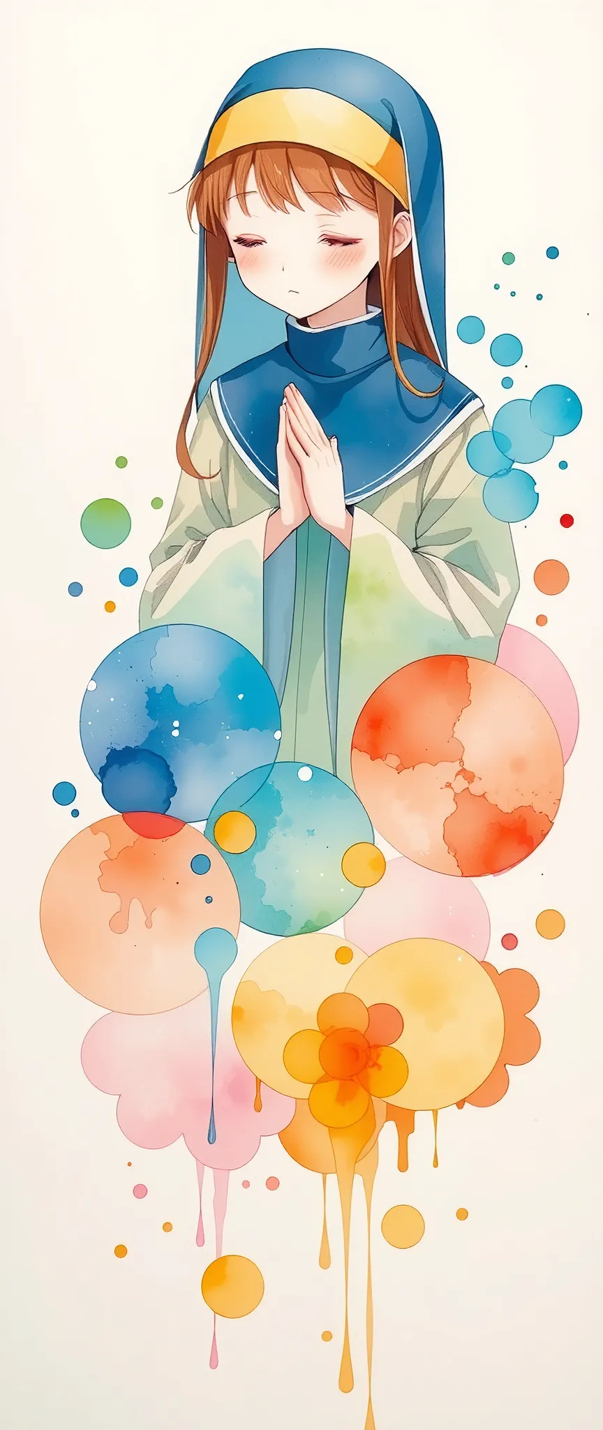 praying nun ,Watercolor,Bleeding,Blur,Shading, dynamic,(gentle prayer:2.0),(Gentle expression:2.0),Soft touch,(The background is a warm prayer light:2.0)