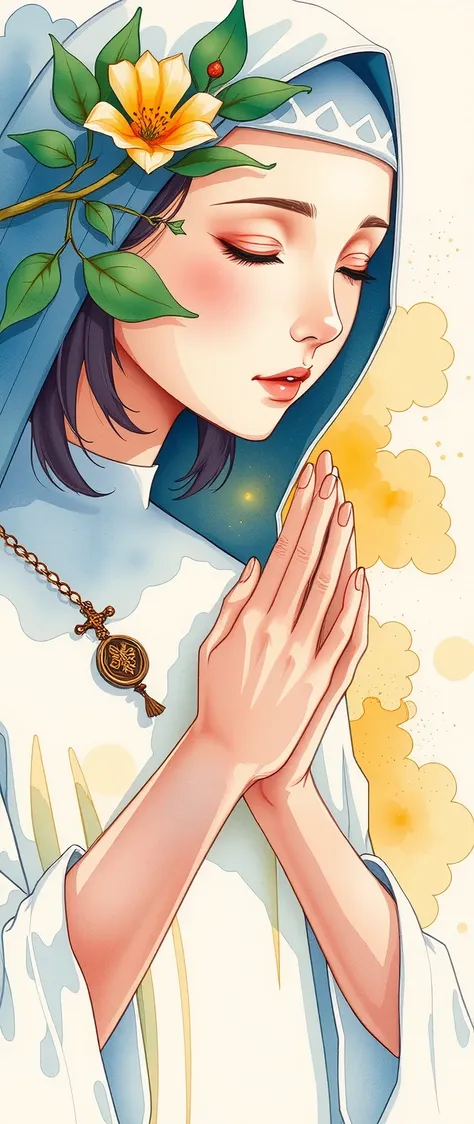 praying nun ,Watercolor,Bleeding,Blur,Shading, dynamic,(gentle prayer:2.0),(Gentle expression:2.0),Soft touch,(The background is a warm prayer light:2.0)