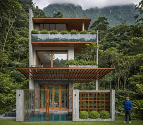 a modern house situated at the base of a towering mountain, surrounded by dense greenery and a majestic waterfall flowing nearby...