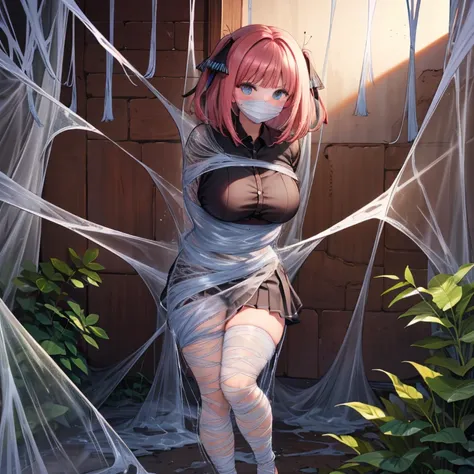 the girl wrapped in spider's web, cover your mouth with a cloth, a screen full of threads, school uniform, pink hair, iron pipe,...