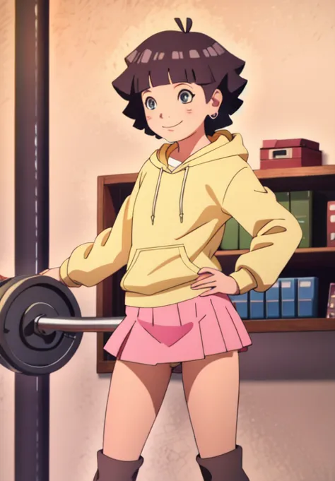 nsfw, himawari, solo, smile, closed mouth, standing, yellow hoodie, pink miniskirt, lifting miniskirt by self, pussy, sexy legs,