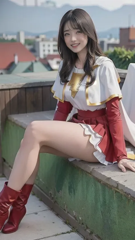 masterpiece, best quality,  mary marvel, white cape, red dress, red skirt, long sleeves, bracer, large breasts, smile, looking a...