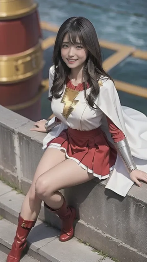 masterpiece, best quality,  mary marvel, white cape, red dress, red skirt, long sleeves, bracer, large breasts, smile, looking a...