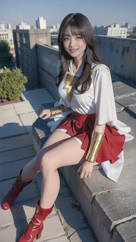 masterpiece, best quality,  mary marvel, white cape, red dress, red skirt, long sleeves, bracer, large breasts, smile, looking a...