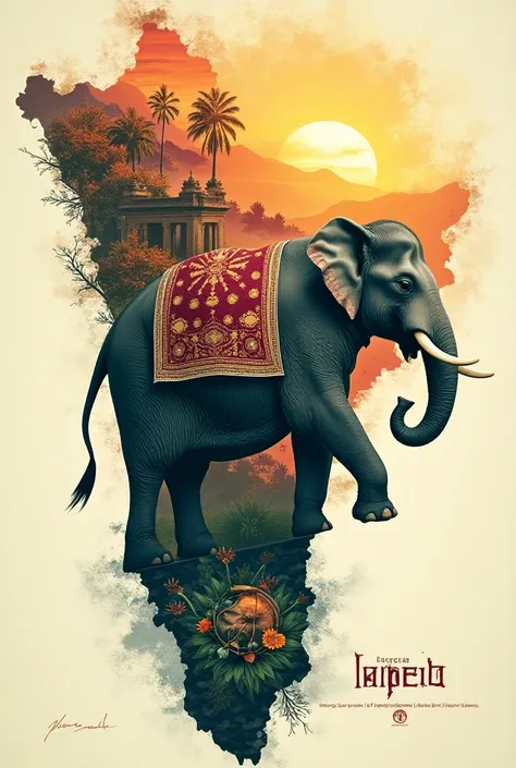 Keralapiravi aesthetic poster with elephant,kerala map,kathakali, thiruvathirakali etf
