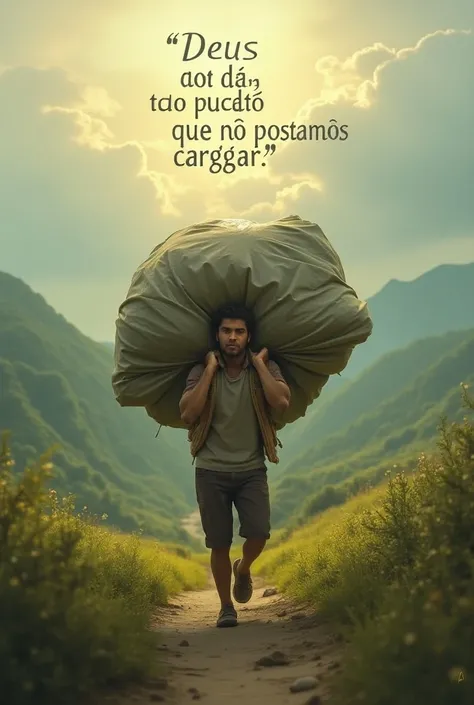  Make an image that matches the phrase  " God doesnt give us a burden that we cant carry" and place the phrase in the image in Portuguese 