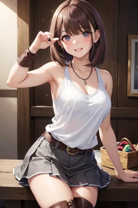 my grandmother、 shiny maroon hair,  short hair, ( brown pretty eyes 、 Sparkling Eyes, Fine grain)、smile、 super detailed eyes、 very detailed face,  very detailed eyes, cowboy shot、( one girl playing pranks:1.4), 



 white tank top and necklace , Beautiful ...