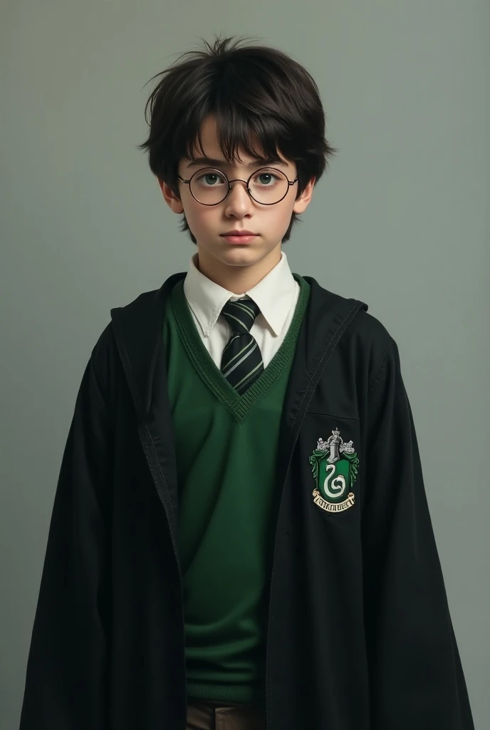 Harry Potter，Slytherin，Snake Academy uniform，Realistic oil painting style，Pure gray background