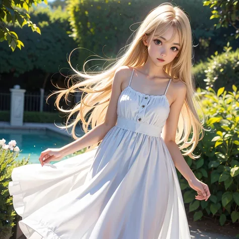  girl tall slim skinny long blond fluttering hair short open sundress