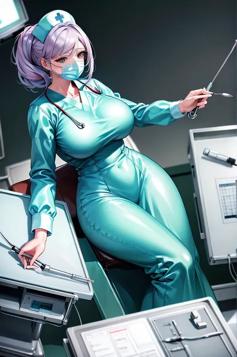 nurse uniform,hospital, latex nurse suit,nurses,busty,elbow gloves,labcoat,white hair woman,white eyes , gigantic ,medical instr...