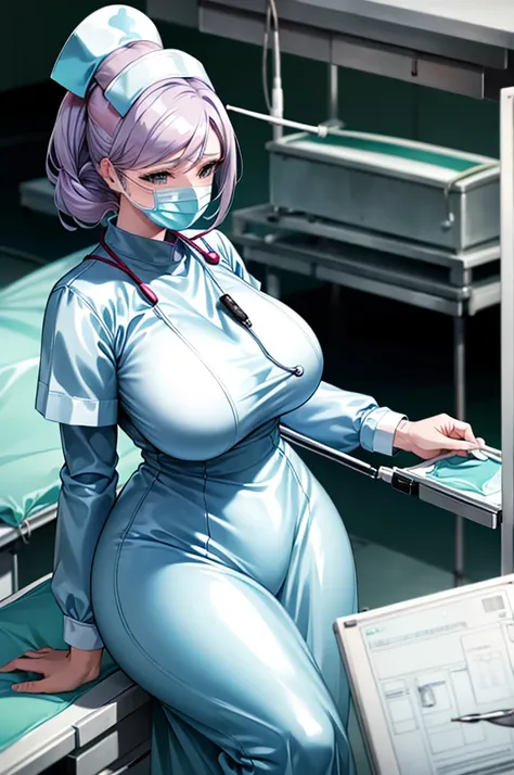 nurse uniform,hospital, latex nurse suit,nurses,busty,elbow gloves,labcoat,white hair woman,white eyes , gigantic ,medical instruments,asian nurse,two nurses,speculum,examination room,oversize ,big ass ,strap on, lay on table ,legs spreaded,giving birth,gy...