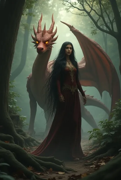  A royal princess about 18 years old .  She has long black hair that unravels freely , chocolate eyes,  is walking with the last dragon which has dark red scales with golden sparkles on its banks .  Its eyes are flaming yellow ,  full of wisdom yet also th...