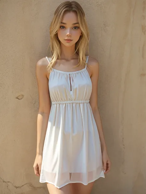  girl tall slim skinny long blond fluttering hair short transparent open sundress