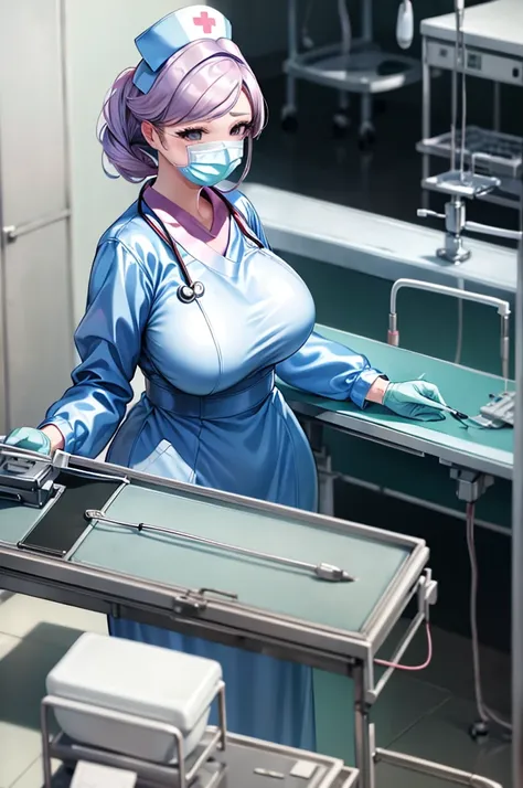 nurse uniform,hospital, latex nurse suit,nurses,busty,elbow gloves,labcoat,white hair woman,white eyes , gigantic ,medical instr...