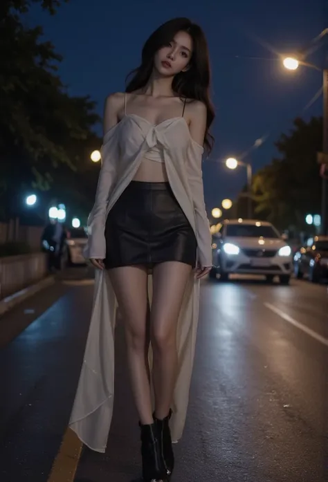 Beautiful Stylist young woman, slander legs, Korean actress face, long legs, Detailed face , Beautiful eyes,   Beautiful Lips, Cinematic lighting, Photorealistic  , 8k, very detailed, realistic, A woman in a leather short skirt, standing with a long cloth ...