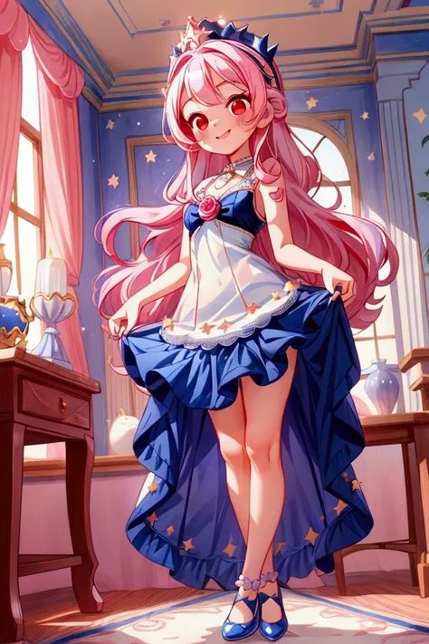 (masterpiece, best quality) standing, indoor, intricate detail, sunlight, pearl white and navy blue frill dress, pink rose hair, smile face, red eyes, cute Stars diadema, sexy pose, navy blue shoes, coquette, gorgeous legs, mature teenager body, lovely, go...