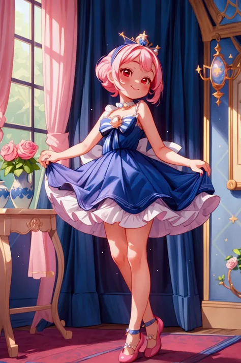 (masterpiece, best quality) standing, indoor, intricate detail, sunlight, pearl white and navy blue short frill dress short neckline, pink rose hair, smile face, red eyes, cute Stars diadema, sexy pose, navy blue shoes, coquette, gorgeous legs, mature teen...