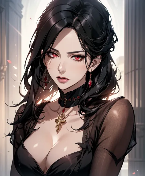 realistic portrait, elegant mature woman (1 female), with red eyes, black hair, long hair, ruby amulet, focus on face, close up ...