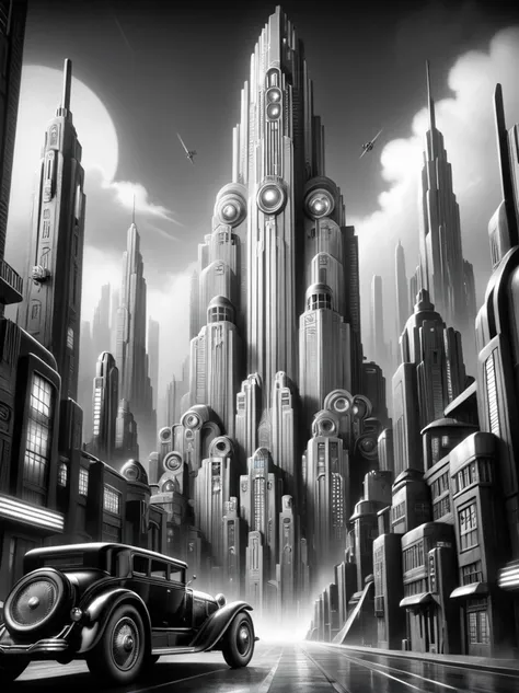 car, city, futuristic, stylized, art deco, expressionist, 1920s, mad-ropolis movie in black and white, (masterpiece:1.2),  best ...