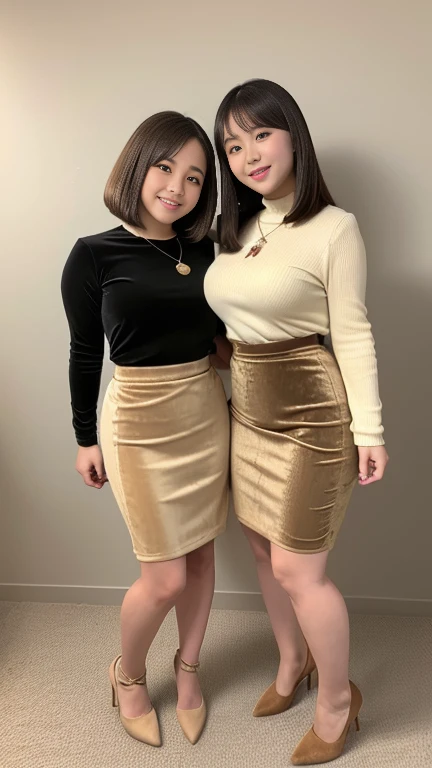 Highest quality, masterpiece, Photo realistic, Two girls standing) 、Full body photo、((Beige velvet pencil skirt、Plump、dwarf、long sleeve、)),(((pencil skirt、Very thick thighs)))、 bob Haircut、straight Hair、smile、pumps、necklace, college school, japanese female...