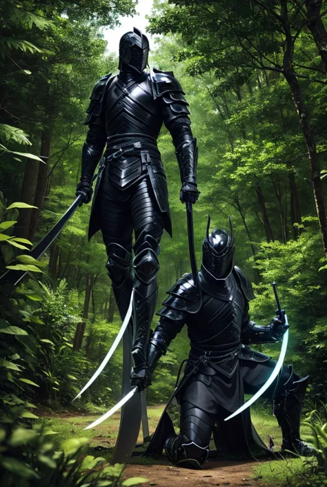 a man in glowing black armor wearing a naginata, in the center of a forest and with bodies on the ground