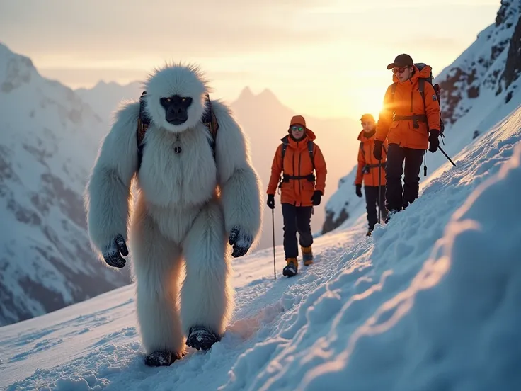 Candid image, photography, natural textures, highly realistic light, editorial, The Yeti, a hulking creature covered in white fur, guides a mixed team of two Asian male and two female climbers, all in bright, weatherproof jackets, along a treacherous, snow...