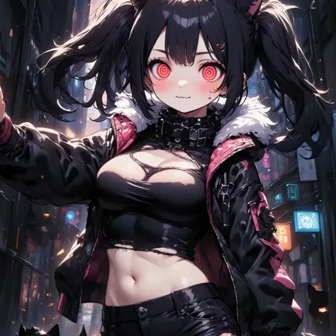 generate anatomically correct hands and body for sure. punk fashion angry girl(open cleavage, cute, kawaii, age of 12,angry face, black long twin tails hair,pale skin, skin color blue, red eyes, eyes shining, big eyes, breast, punk fashion, ripped clothes,...