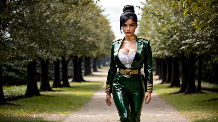 asian women,Dutt bun Haircut, black hair,glasses, gold shoulder straps, belt,green general army officer, latex blazer Uniform, green latex trousers,big breats, cleavage black big satin reeves,gold collar, stand in a park