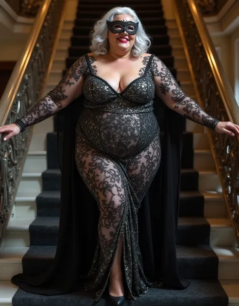  A one fashionable an older American woman, 80years old, older, 1 plus size model, sexy and hot, silver wavy hair, chubby, big boobs, big hips, fashion model, nice face, bold makeup, smile, dressed as a masquerade ball queen for Halloween. Her dress is a s...