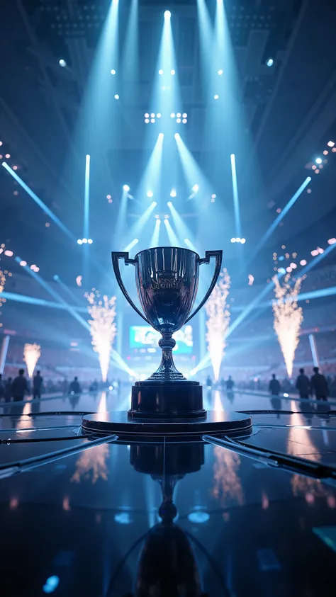 C4D modeling，OC rendering，3D Style，Low angle view ， a silver trophy in the center of the stadium stage,  League of Legends e-sports game scene  , Center of the venue stage，Concept Art, League of Legends Champion ，Blue tint，Double Exposure，ribbon，Wide-angle...