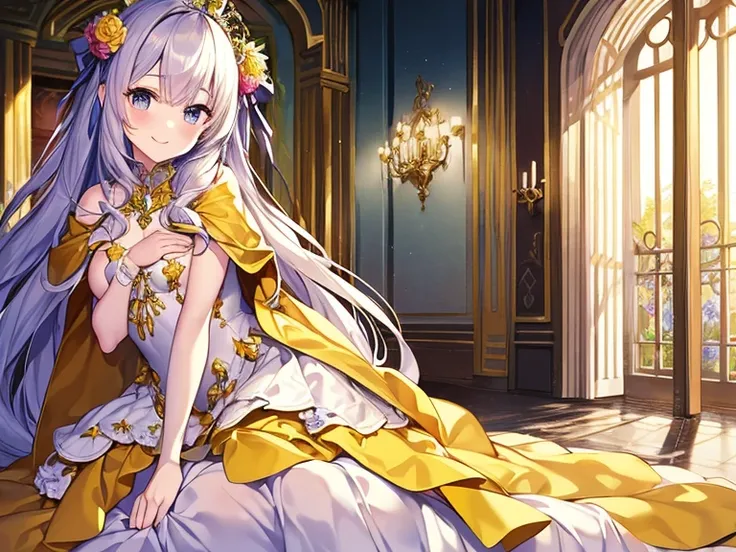 kawaii, best quality, rococo style,(long train pastel yellow cape:1.15), very long cape,(long train white ball gown with flower decorations:1.1), a girl is wearing a cape over her gown, 1 little princess, tiara, smile, very long hair, small breasts, lookin...